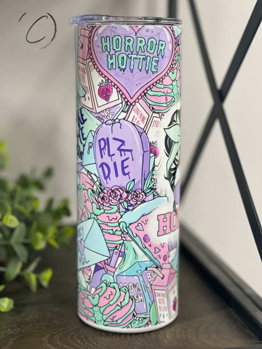 Pastel Horror Fanatic 20oz Skinny Tumbler featuring a unique pastel horror design, complete with a reusable straw.