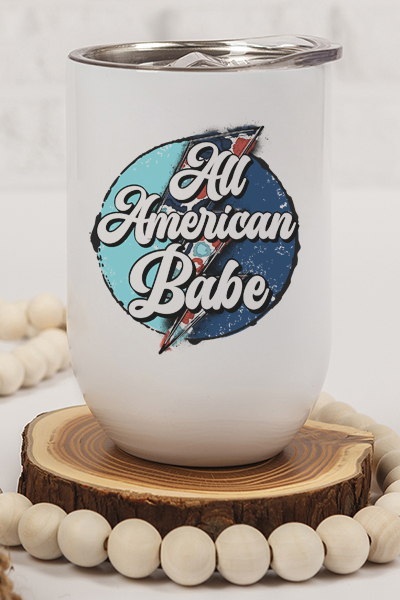 Patriotic All American Babe USA Bolt Wine Cup Tumbler with vibrant red, white, and blue design, featuring a lid and straw.