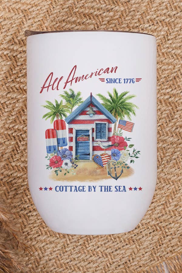 Patriotic All American Cottage by the Sea Wine Cup Tumbler featuring red, white, and blue design with lid and straw.