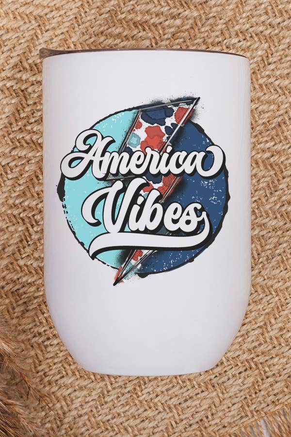 Patriotic All American Vibes USA Bolt Wine Cup Tumbler in red, white, and blue with a lid and straw, showcasing a vibrant design.