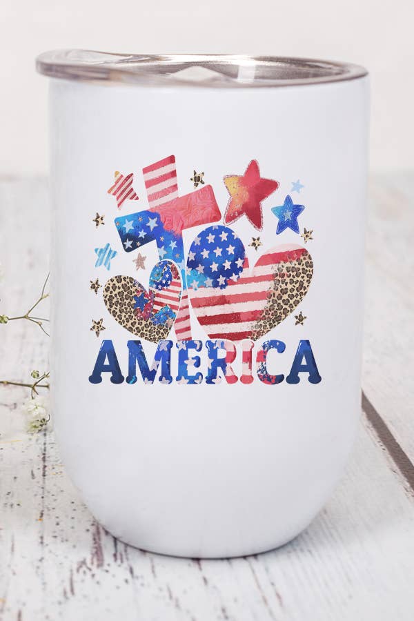 Patriotic America Cross Leopard Hearts Wine Cup Tumbler with vibrant design, stainless steel material, and included lid and straw.