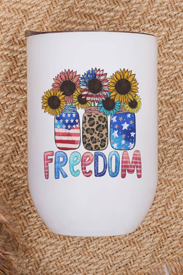 Patriotic America Mason Jars Freedom Wine Cup Tumbler with red, white, and blue design, stainless steel material, and included lid and straw.