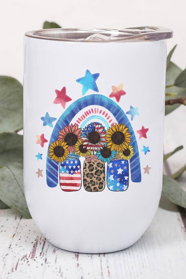 Patriotic America Mason Jars Rainbow Wine Cup Tumbler with red, white, and blue design, stainless steel material, and included lid and straw.