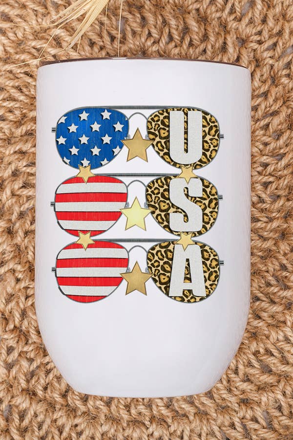 Patriotic America USA Glasses Stack Wine Cup Tumbler with red, white, and blue design, stainless steel material, and included lid and straw.