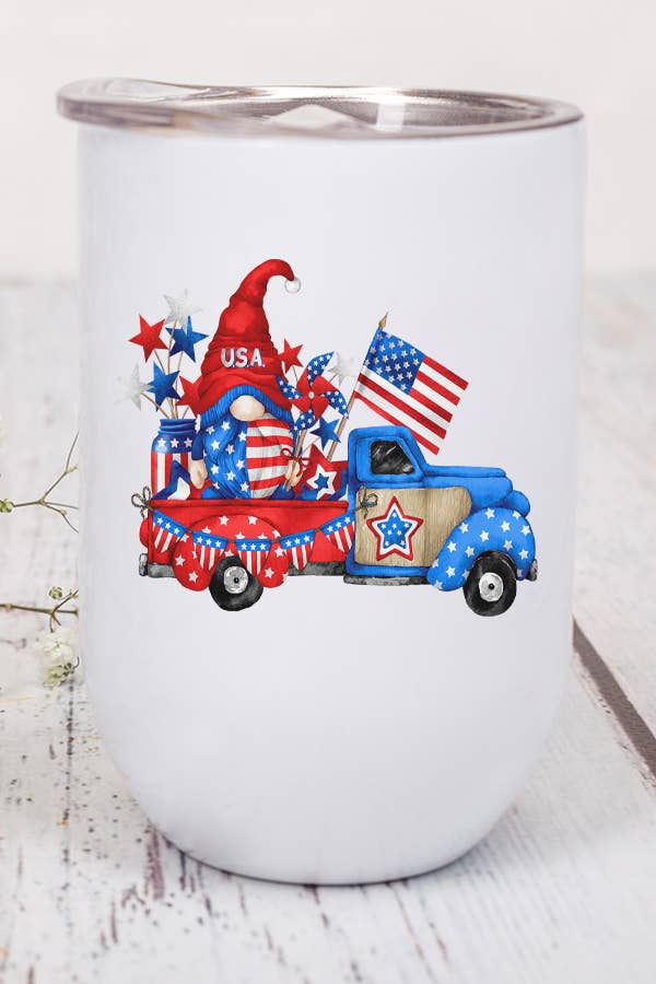 Patriotic America USA Gnome Red Blue Truck Wine Cup Tumbler with vibrant colors and design.