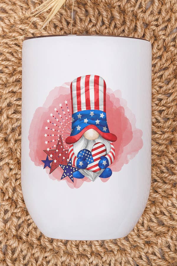 Patriotic America USA Gnome Wine Cup Tumbler with heart design, featuring vibrant colors and a stainless steel finish.