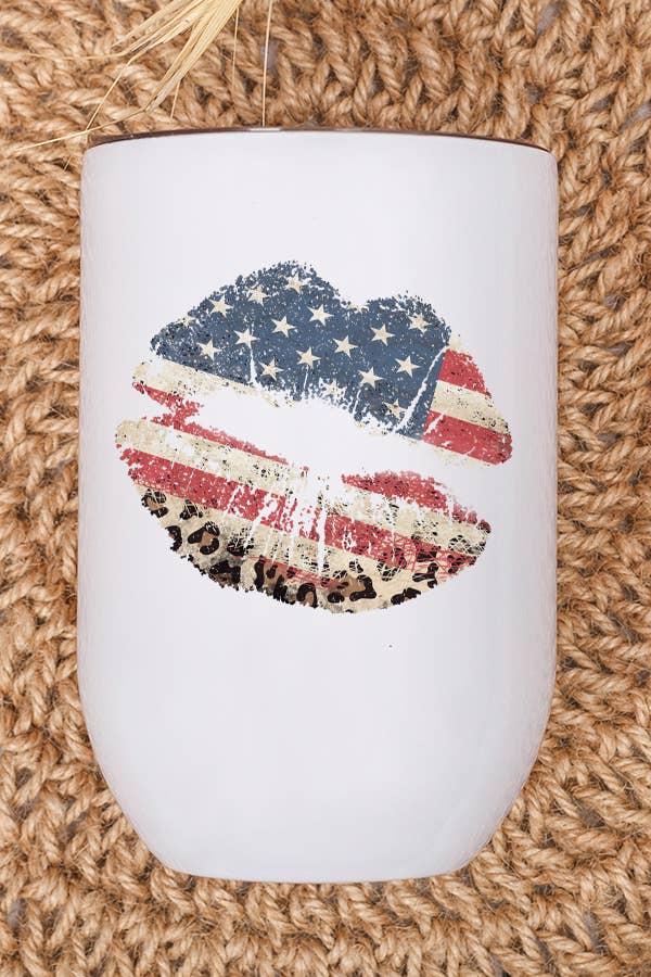 Patriotic America USA Leopard Lips Wine Cup Tumbler with vibrant design, stainless steel construction, and included lid and straw.