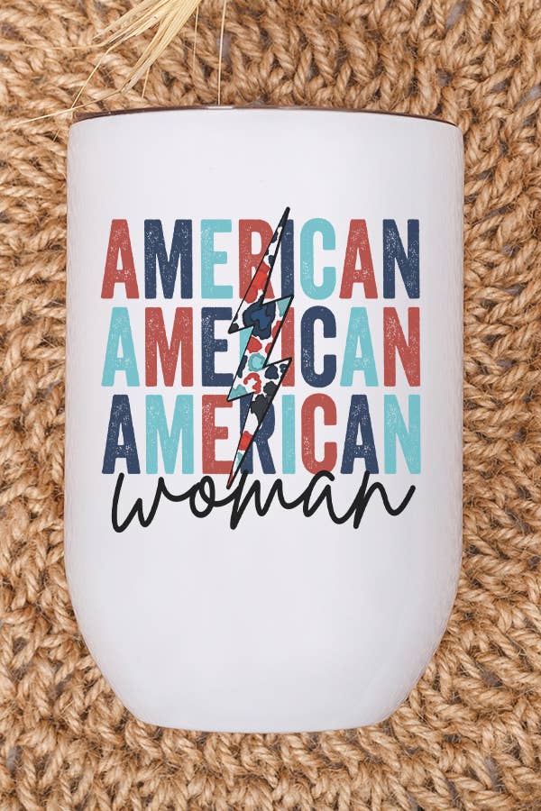 Patriotic America Woman Stack USA Bolt Wine Cup Tumbler in red, white, and blue with a lid and straw, showcasing a vibrant design.