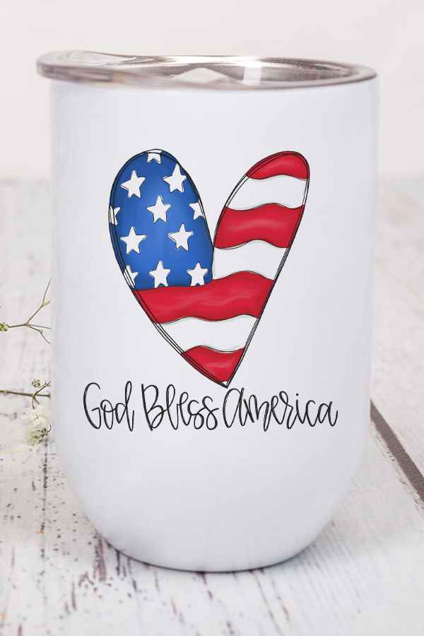Patriotic God Bless America Heart Wine Cup Tumbler with vibrant red, white, and blue design, featuring a lid and straw.