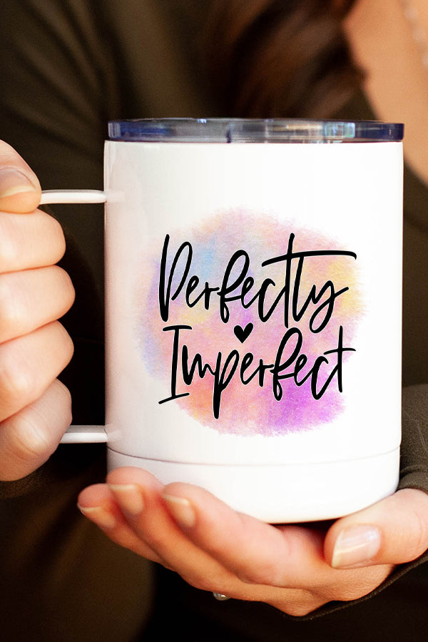 Perfectly Imperfect Stainless Steel Coffee Travel Cup with vibrant design, double wall insulation, and secure lid.