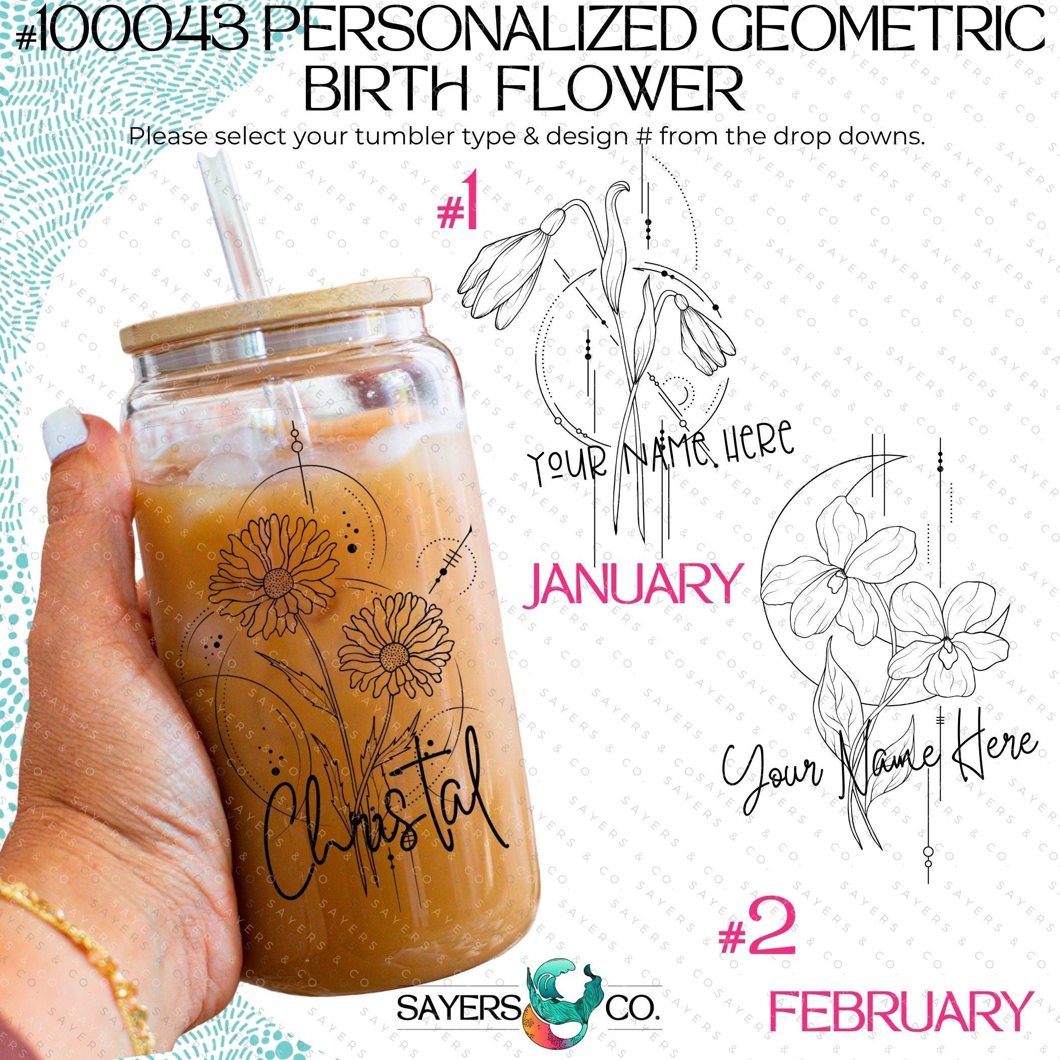 Personalized glass can with floral design, bamboo lid, and straw, perfect for drinks.