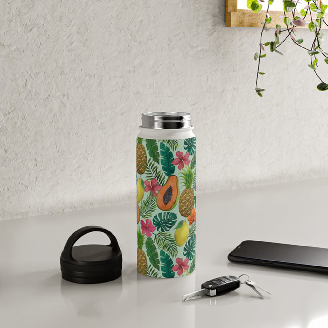 Pineapple and Papaya Handle Lid Water Bottle with a vibrant tropical design, showcasing its stainless steel body and handle lid.