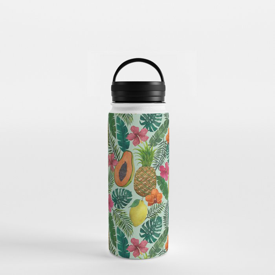 Pineapple and Papaya Handle Lid Water Bottle with a vibrant tropical design, showcasing its stainless steel body and handle lid.