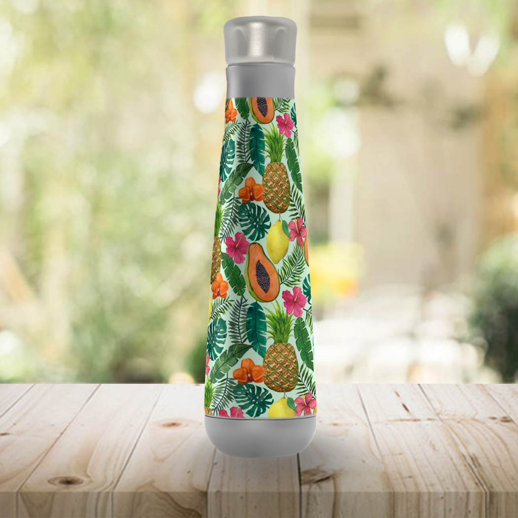 Pineapple and Papaya Peristyle Water Bottle showcasing vibrant tropical design and stainless steel finish.