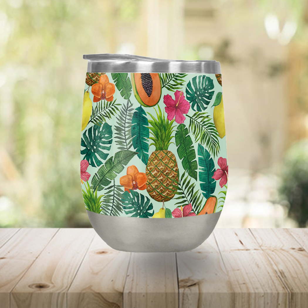 A vibrant Pineapple and Papaya Wine Tumbler showcasing its tropical design and stainless steel construction, perfect for summer drinks.