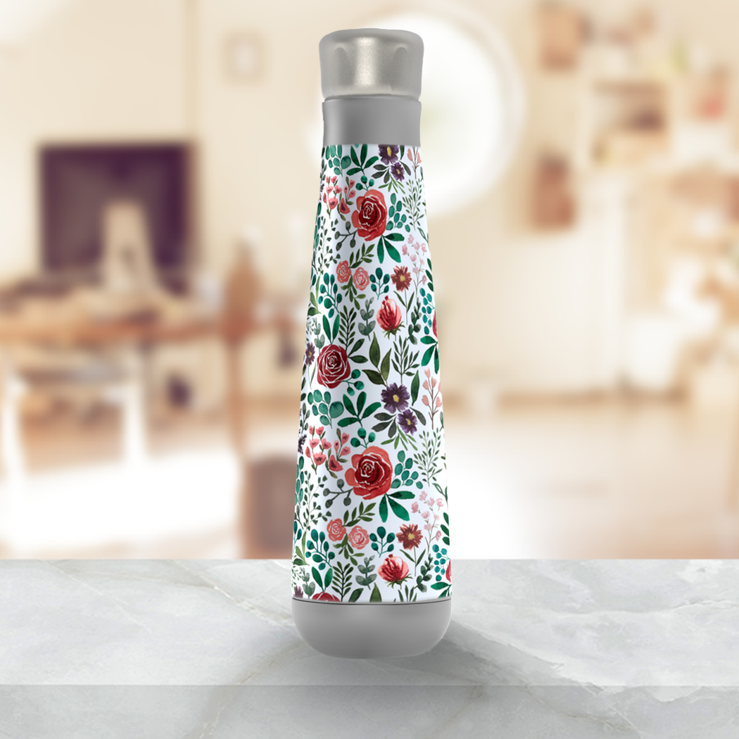 Stylish Pink and Purple Flowers Peristyle Water Bottle made of stainless steel with a screw-on lid, showcasing a vibrant floral design.