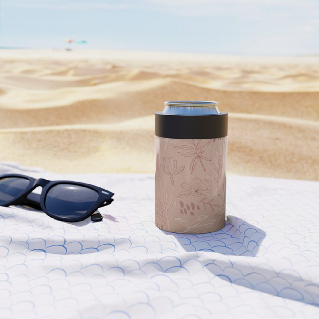 Pink Desert Leaf Can Cooler showcasing a beautiful wraparound design with a lightweight stainless steel body.