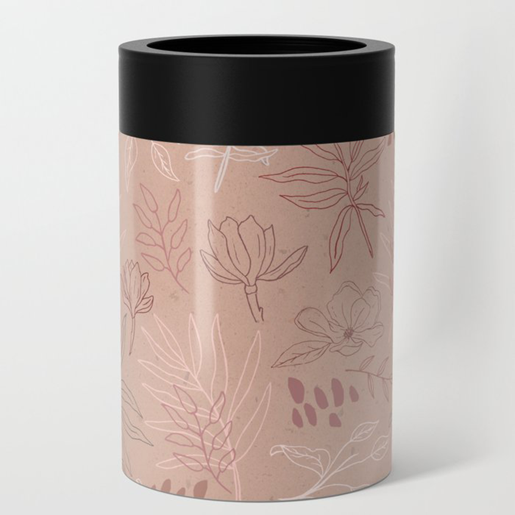 Pink Desert Leaf Can Cooler showcasing a beautiful wraparound design with a lightweight stainless steel body.