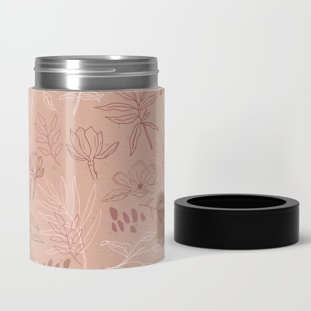 Pink Desert Leaf Can Cooler showcasing a beautiful wraparound design with a lightweight stainless steel body.