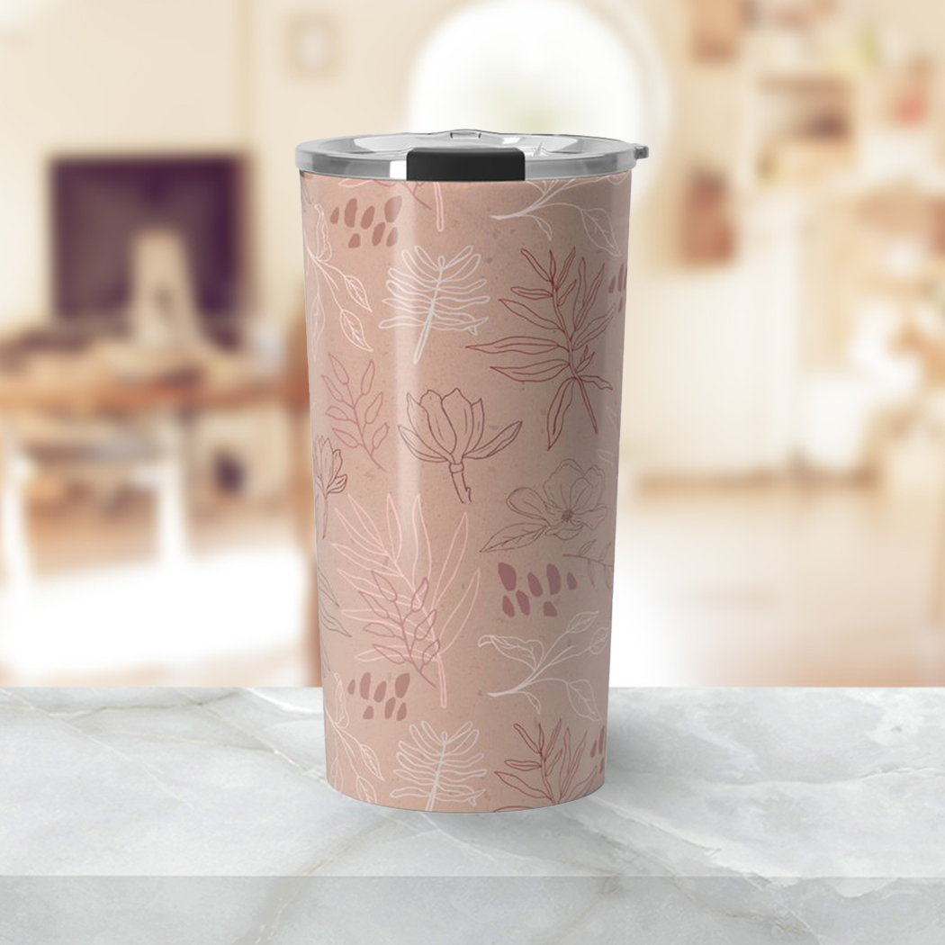 Pink Desert Leaf Travel Coffee Mug made of stainless steel with a beautiful wraparound design, perfect for hot or cold beverages.
