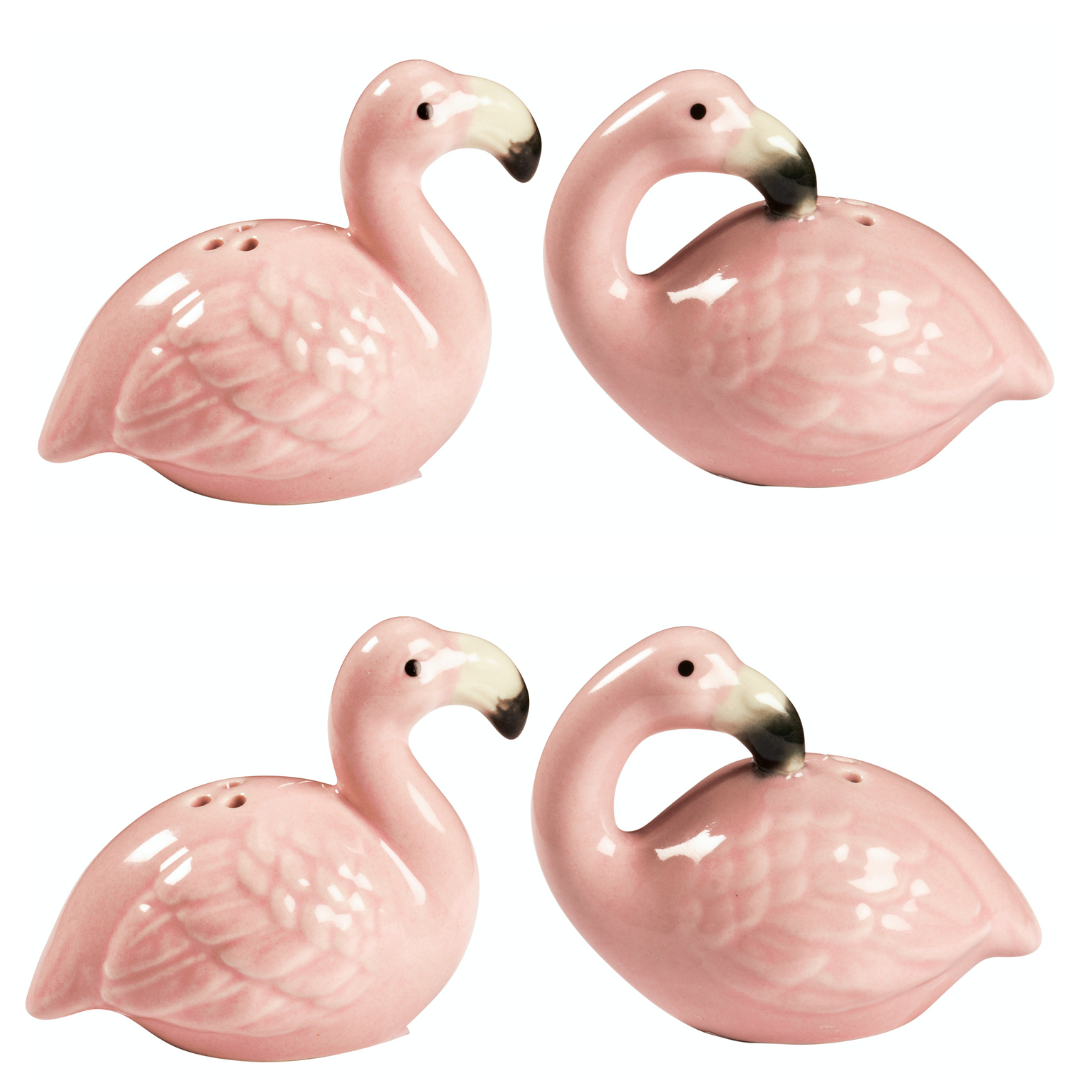 A charming set of two pink glazed stoneware salt and pepper shakers shaped like flamingos, perfect for adding a tropical touch to your dining table.