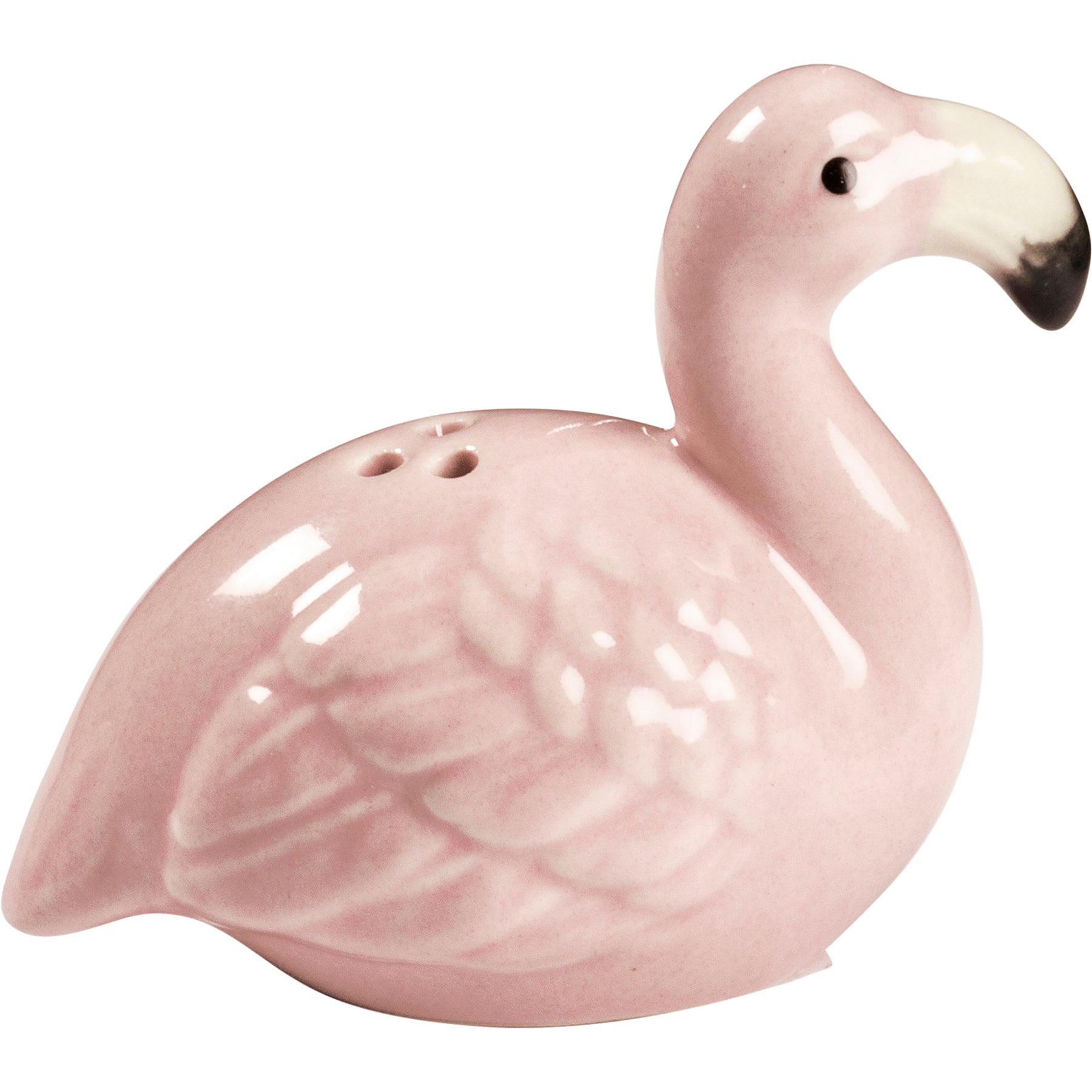 A charming set of two pink glazed stoneware salt and pepper shakers shaped like flamingos, perfect for adding a tropical touch to your dining table.
