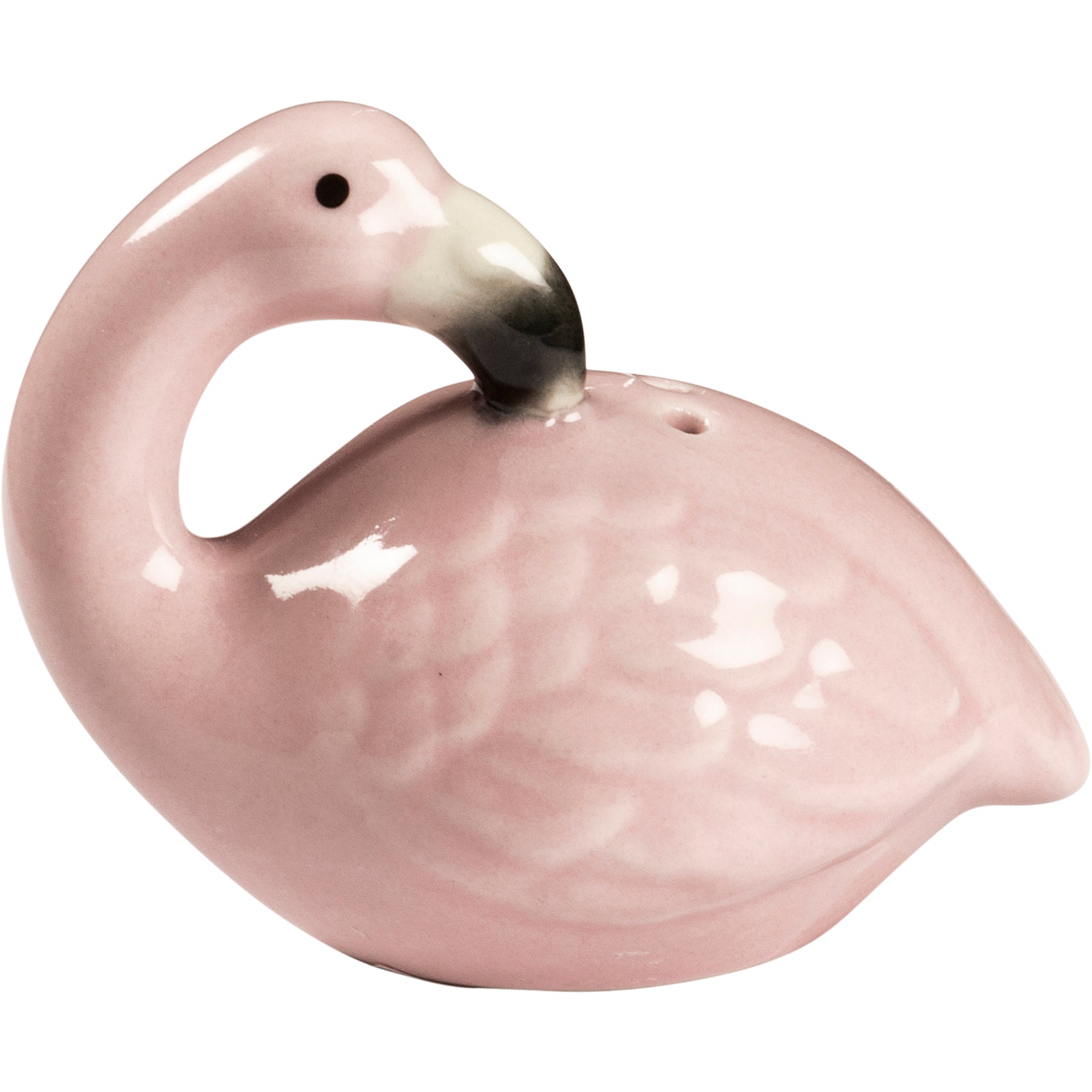 A charming set of two pink glazed stoneware salt and pepper shakers shaped like flamingos, perfect for adding a tropical touch to your dining table.