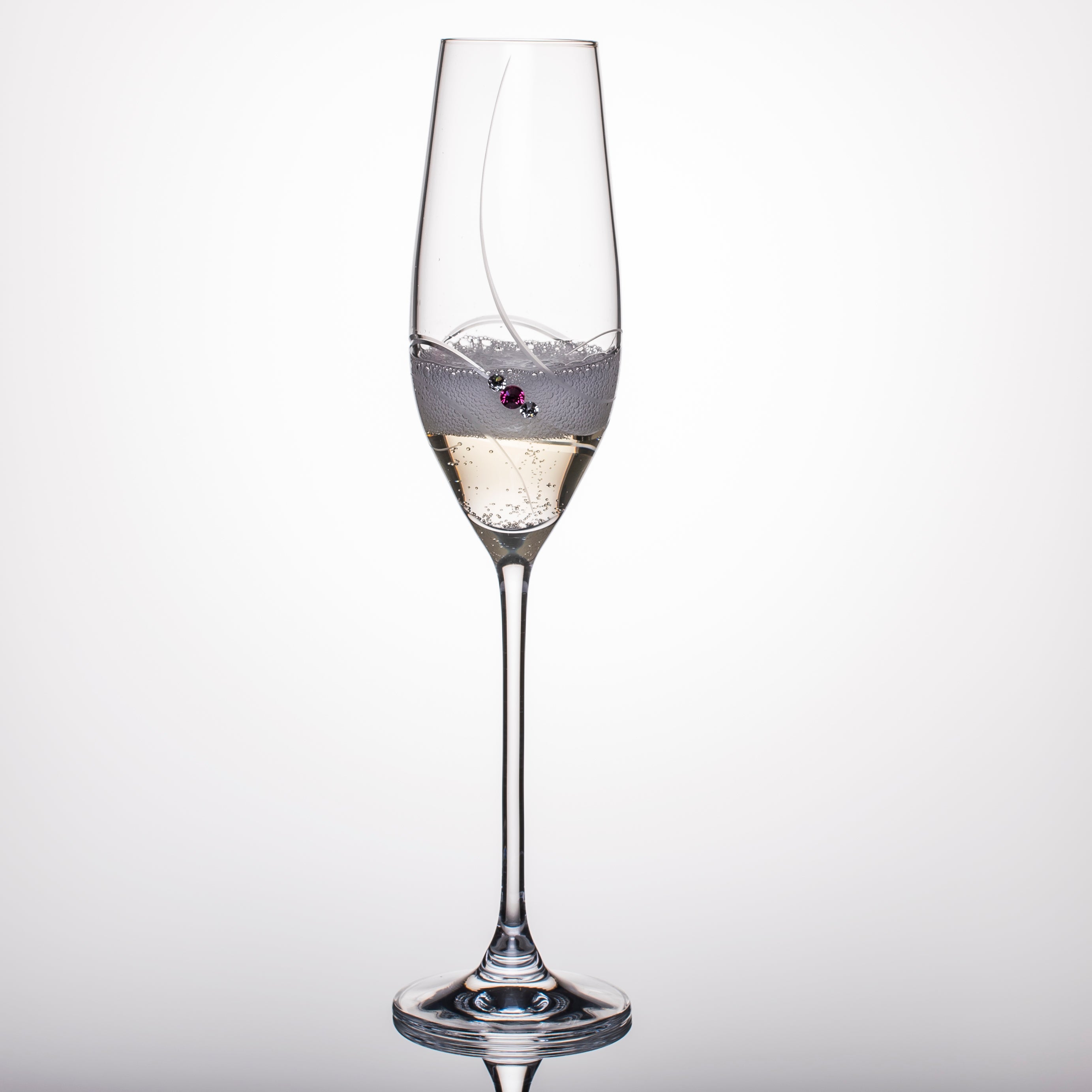 Set of 2 Pink Ribbon Champagne Glasses with Swarovski crystals in a gift box, showcasing elegant handcrafted design.