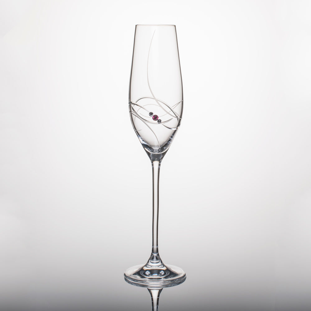 Set of 2 Pink Ribbon Champagne Glasses with Swarovski crystals in a gift box, showcasing elegant handcrafted design.