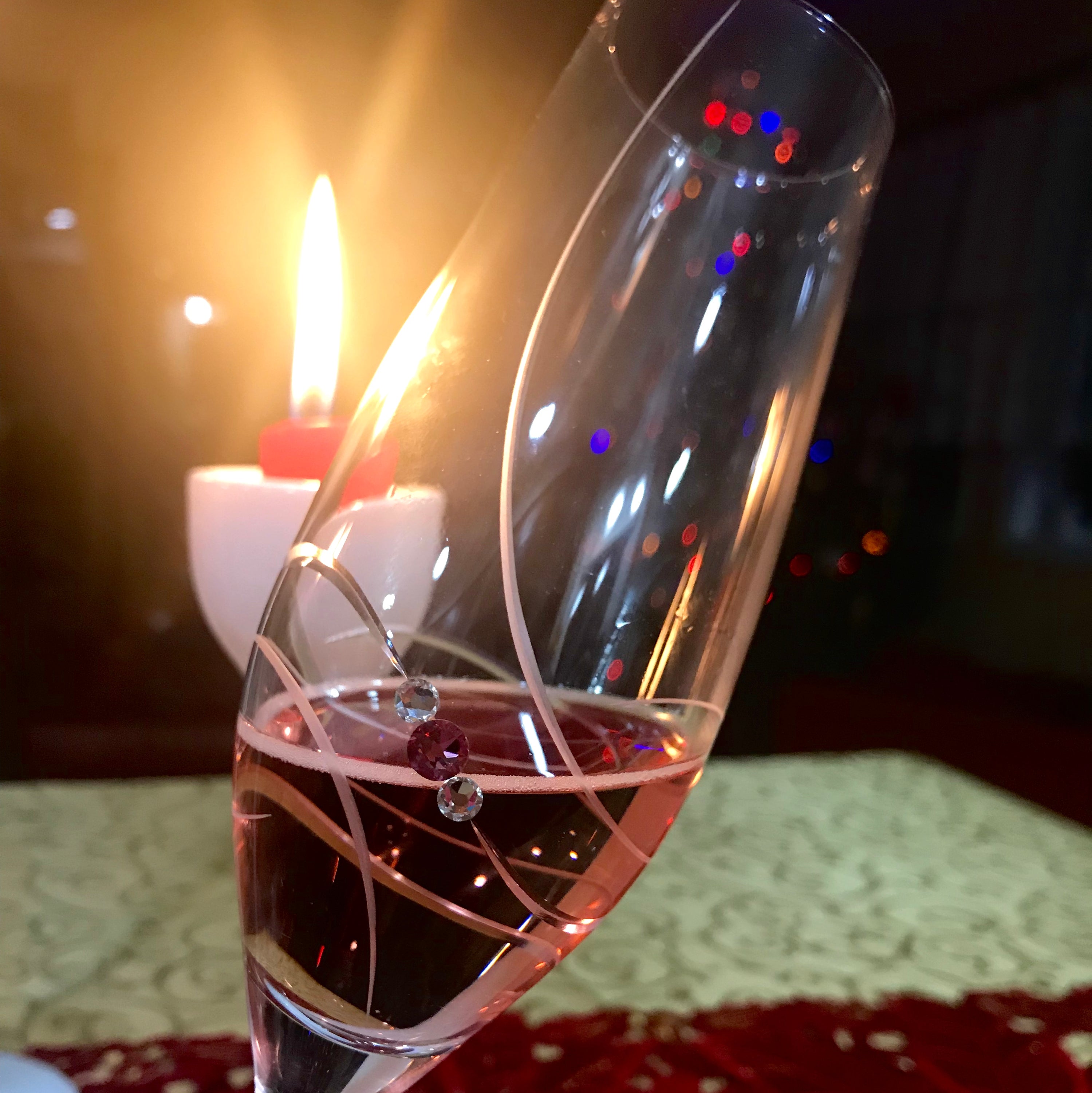 Set of 2 Pink Ribbon Champagne Glasses with Swarovski crystals in a gift box, showcasing elegant handcrafted design.