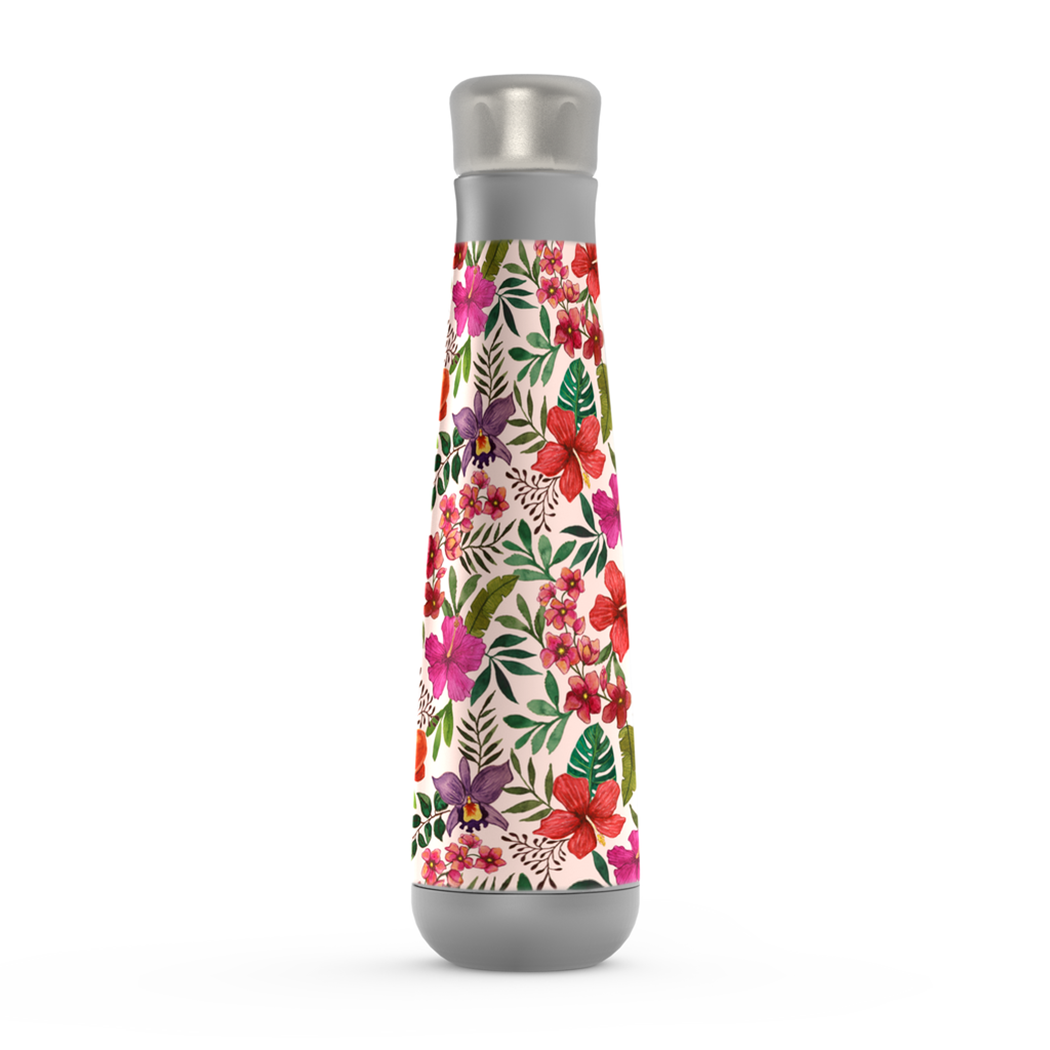 Pink Tropical Flower Peristyle Water Bottle with stainless steel finish and floral design, ideal for hydration on the go.