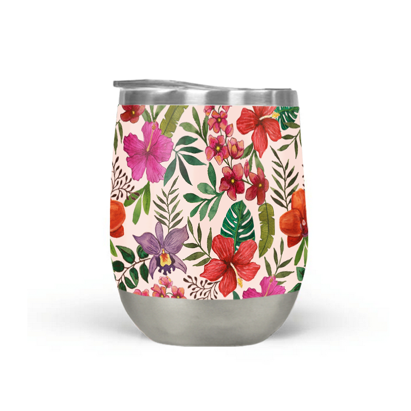 Pink Tropical Flower Stemless Wine Tumbler with double-wall insulation and plastic lid, perfect for outdoor use.