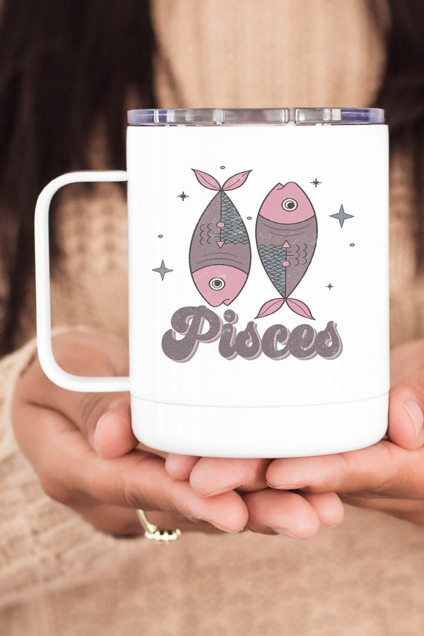 Pisces Astrological Sign Stainless Steel Coffee Travel Cup with double wall insulation and printed design on both sides.