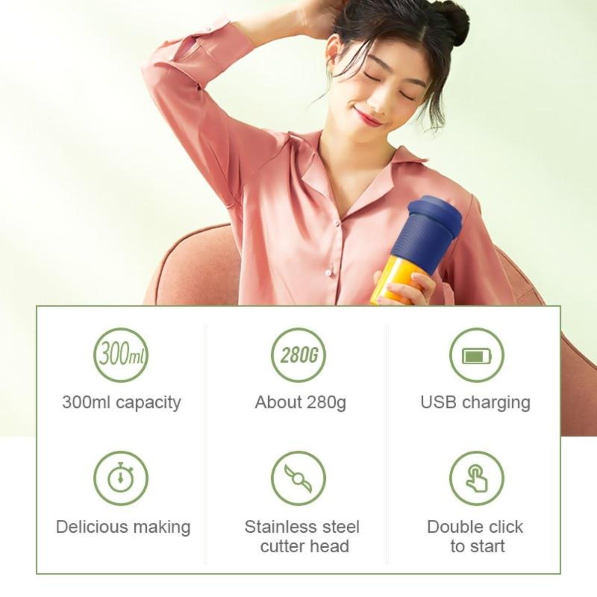 Portable Personal Juice Blender and Smoothie Maker in a sleek design, showcasing its compact size and USB charging feature, perfect for on-the-go blending.