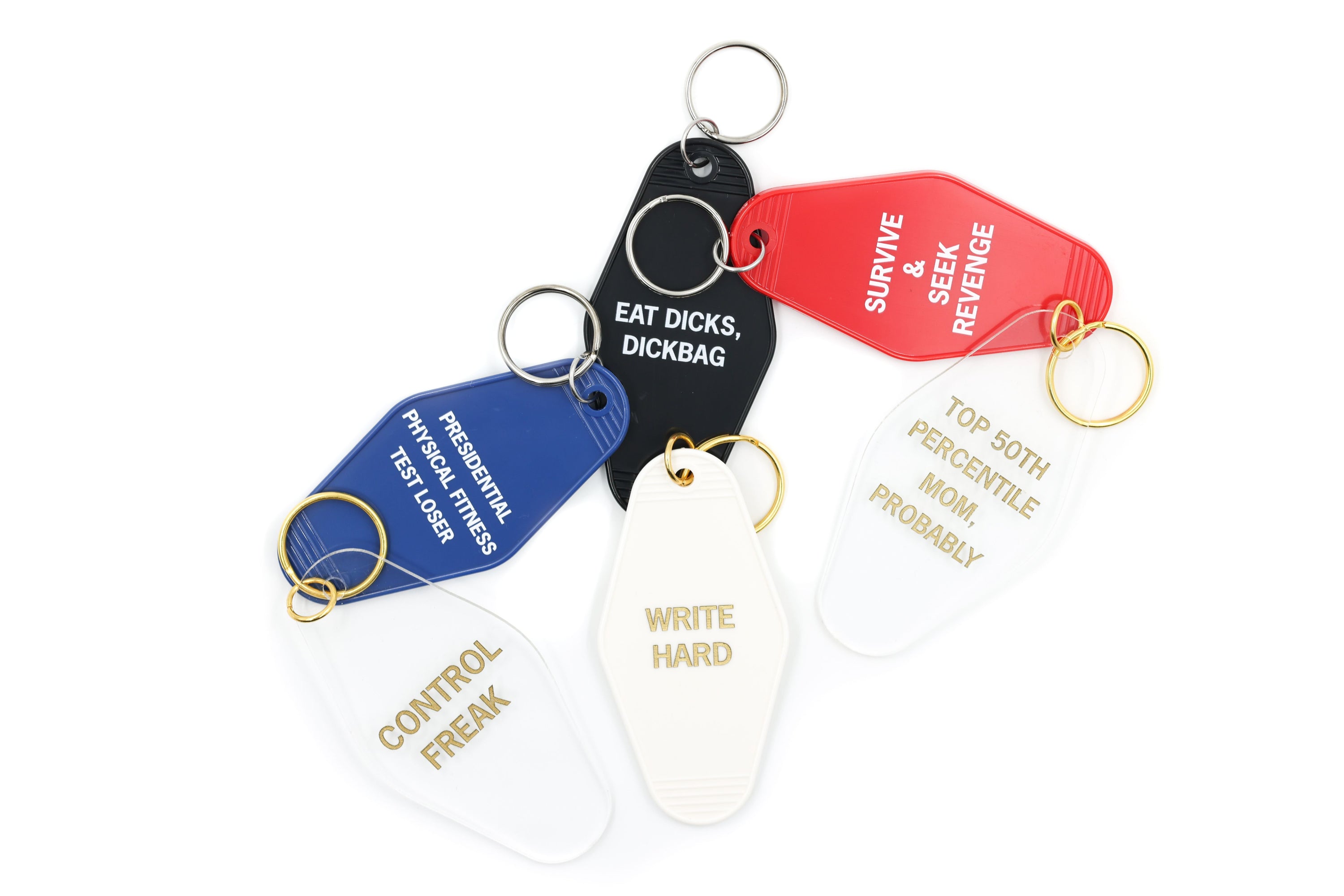 Blue motel-style keychain with white lettering reading 'PRESIDENTIAL PHYSICAL FITNESS TEST LOSER'.