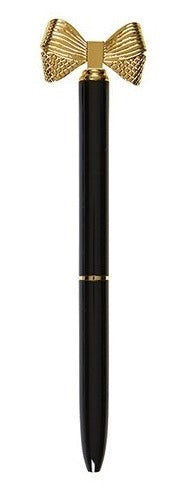 Pretty Refillable Bow Pen featuring a black body and metallic gold bow, elegantly designed for stylish writing.