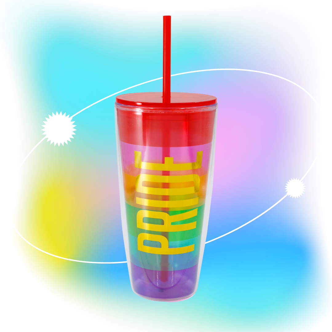 Pride LGBTQ Travel Tumbler with rainbow stripes and gold lettering, featuring a red lid and straw.