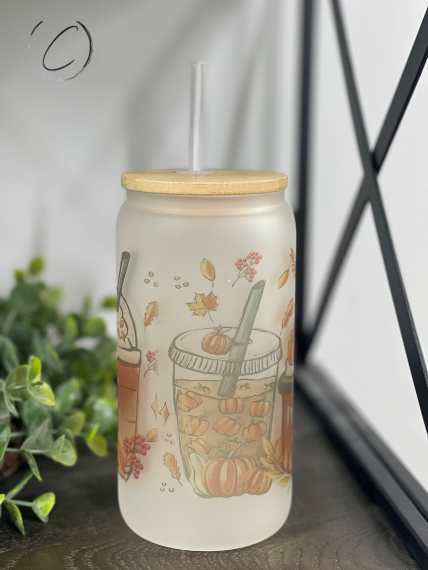 Pumpkin Spice Blends 16oz Libbey Glass tumbler with frosted design and reusable straw.