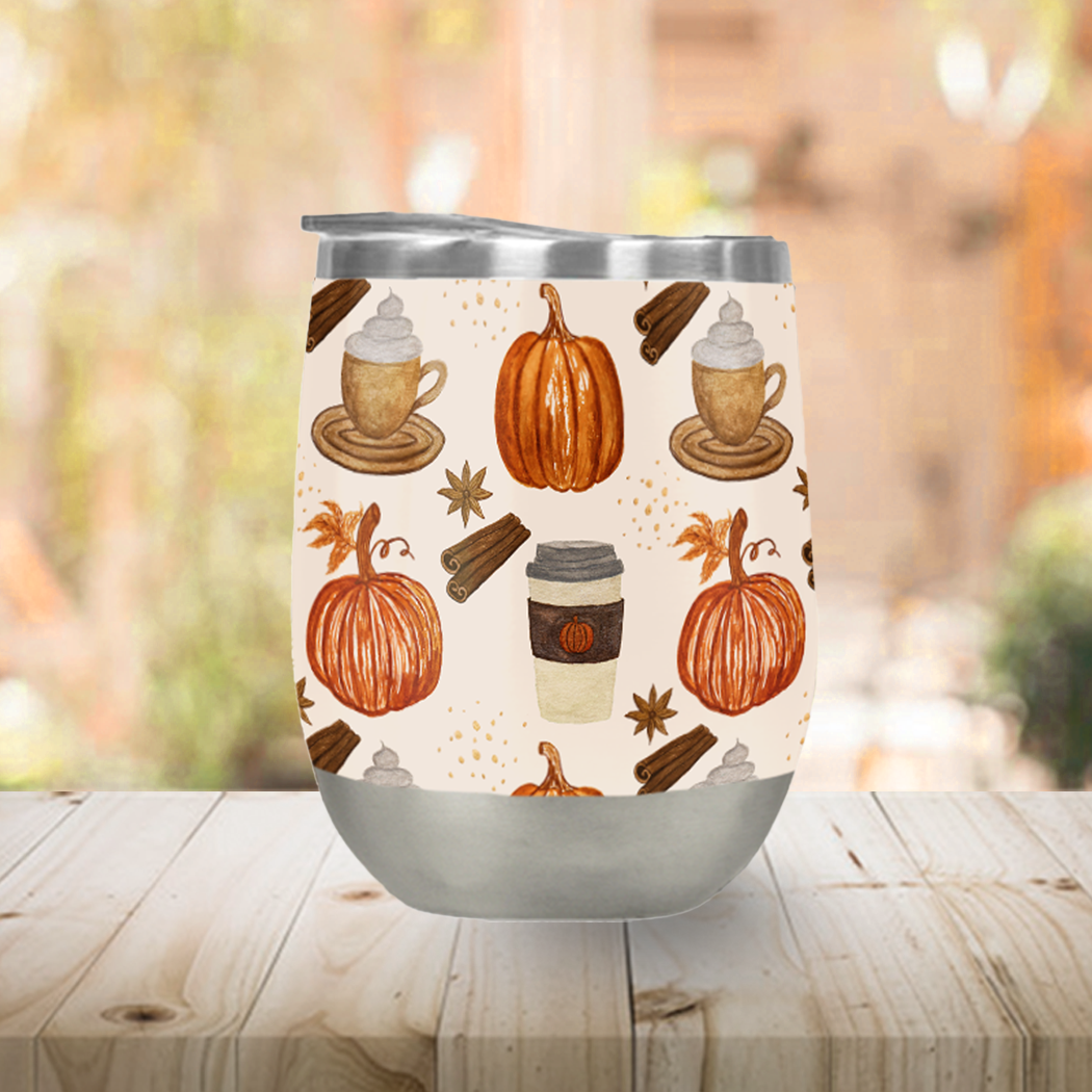 Pumpkin Spice Coffee Stemless Wine Tumbler made of stainless steel with a stylish design, perfect for outdoor use.