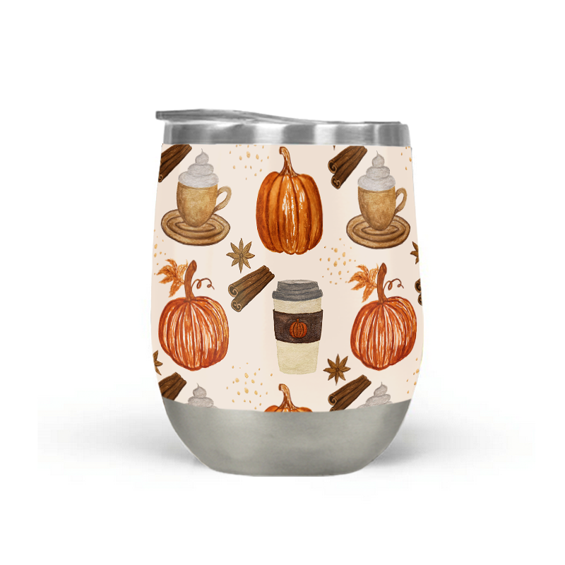 Pumpkin Spice Coffee Stemless Wine Tumbler made of stainless steel with a stylish design, perfect for outdoor use.