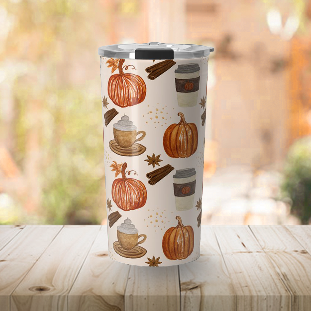 Pumpkin Spice Coffee Travel Mug featuring a vibrant design, made of stainless steel with a double-walled structure for insulation.