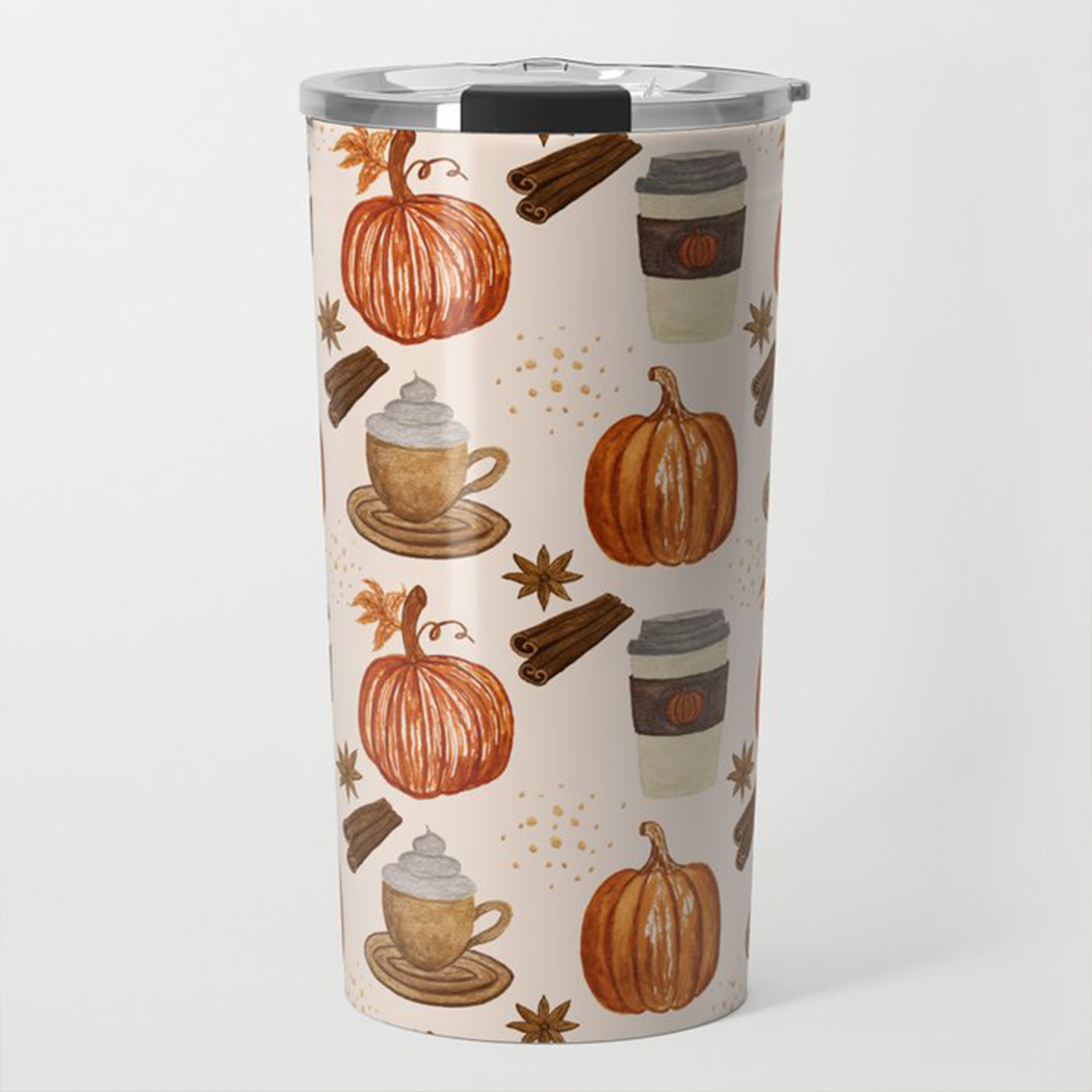 Pumpkin Spice Coffee Travel Mug featuring a vibrant design, made of stainless steel with a double-walled structure for insulation.