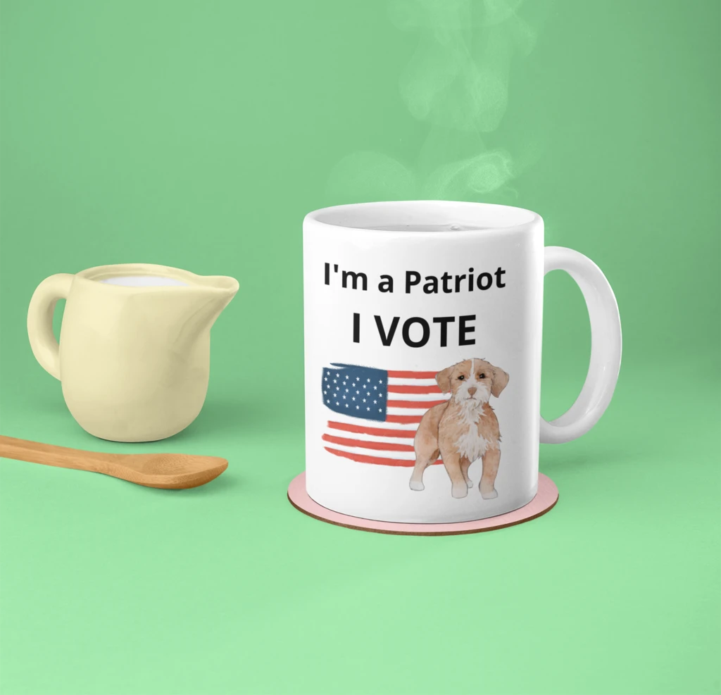 Puppy I'm a Patriot - I Vote Mug, white ceramic with rounded corners and C-handle, perfect for coffee and tea.