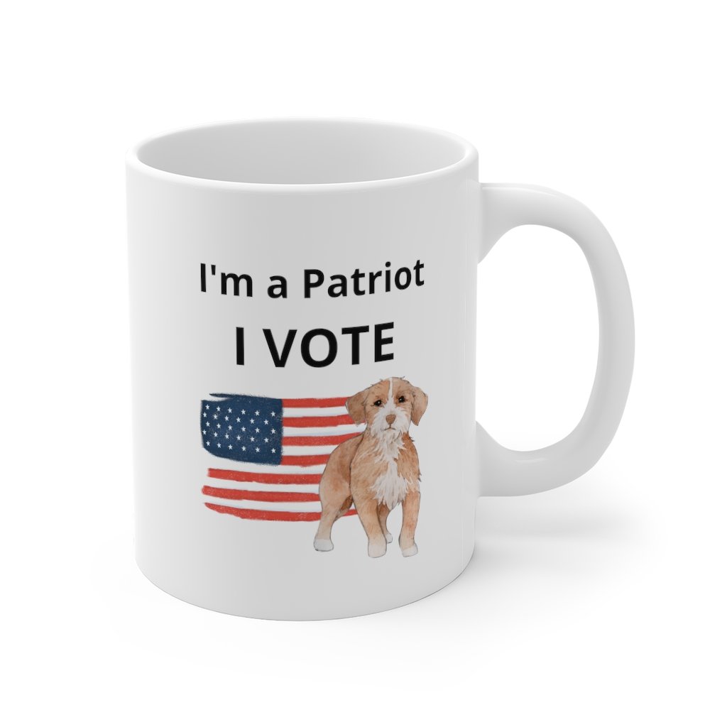 Puppy I'm a Patriot - I Vote Mug, white ceramic with rounded corners and C-handle, perfect for coffee and tea.