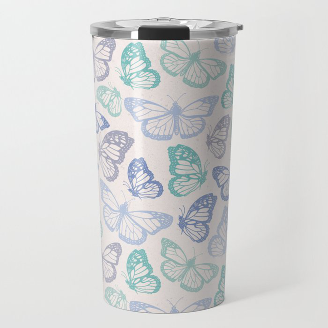Purple and Green Butterfly Travel Coffee Mug showcasing vibrant butterfly design on a stainless steel body.