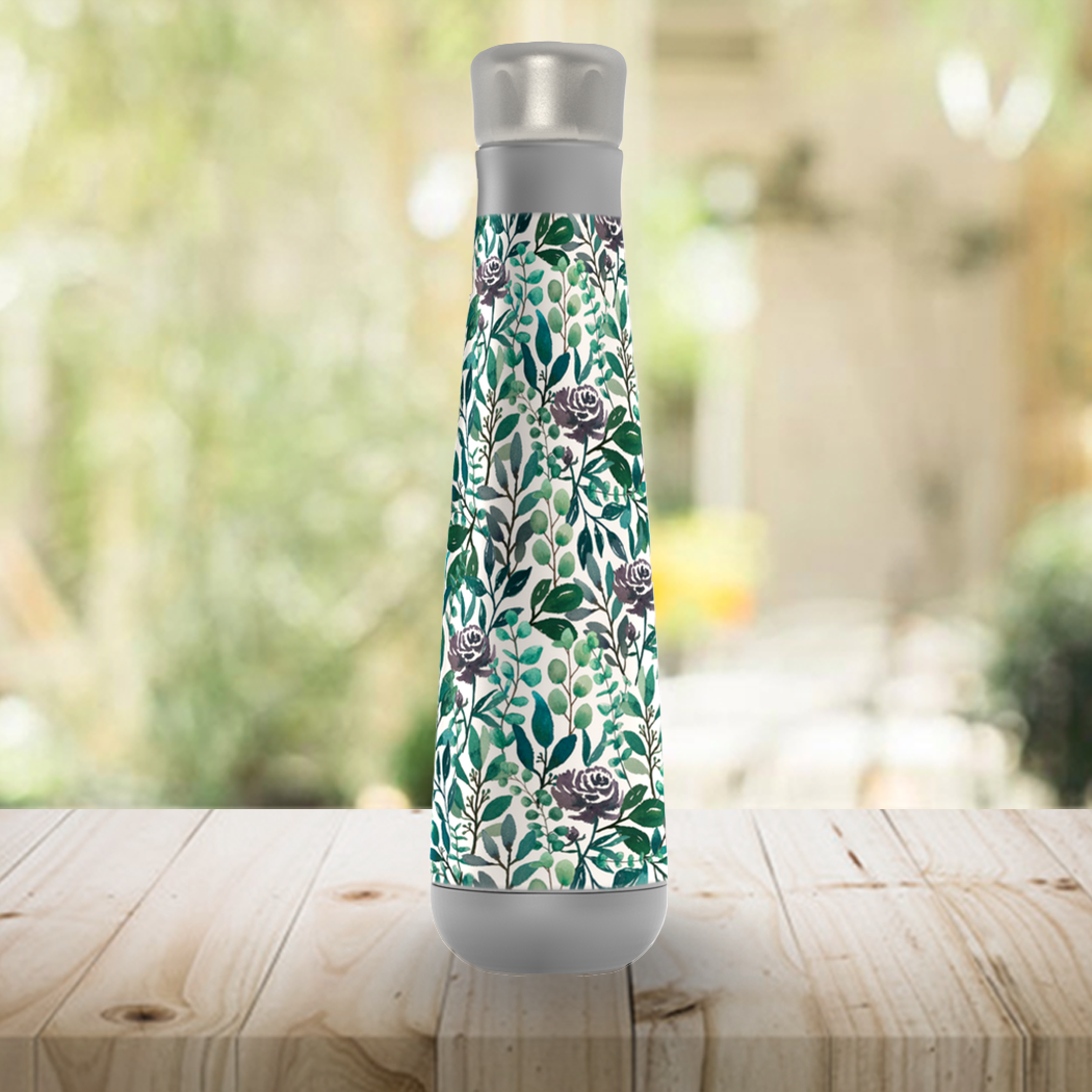 Stylish 16oz stainless steel water bottle featuring purple flowers and eucalyptus leaves design, perfect for hydration on the go.