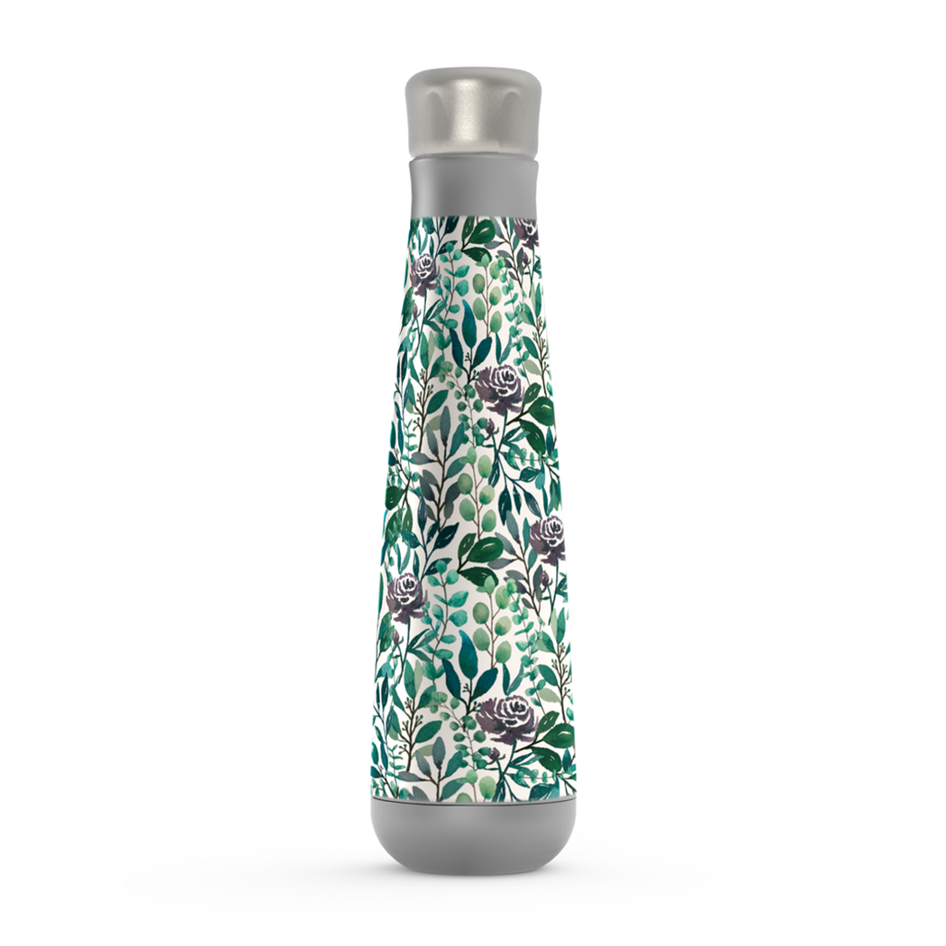 Stylish 16oz stainless steel water bottle featuring purple flowers and eucalyptus leaves design, perfect for hydration on the go.