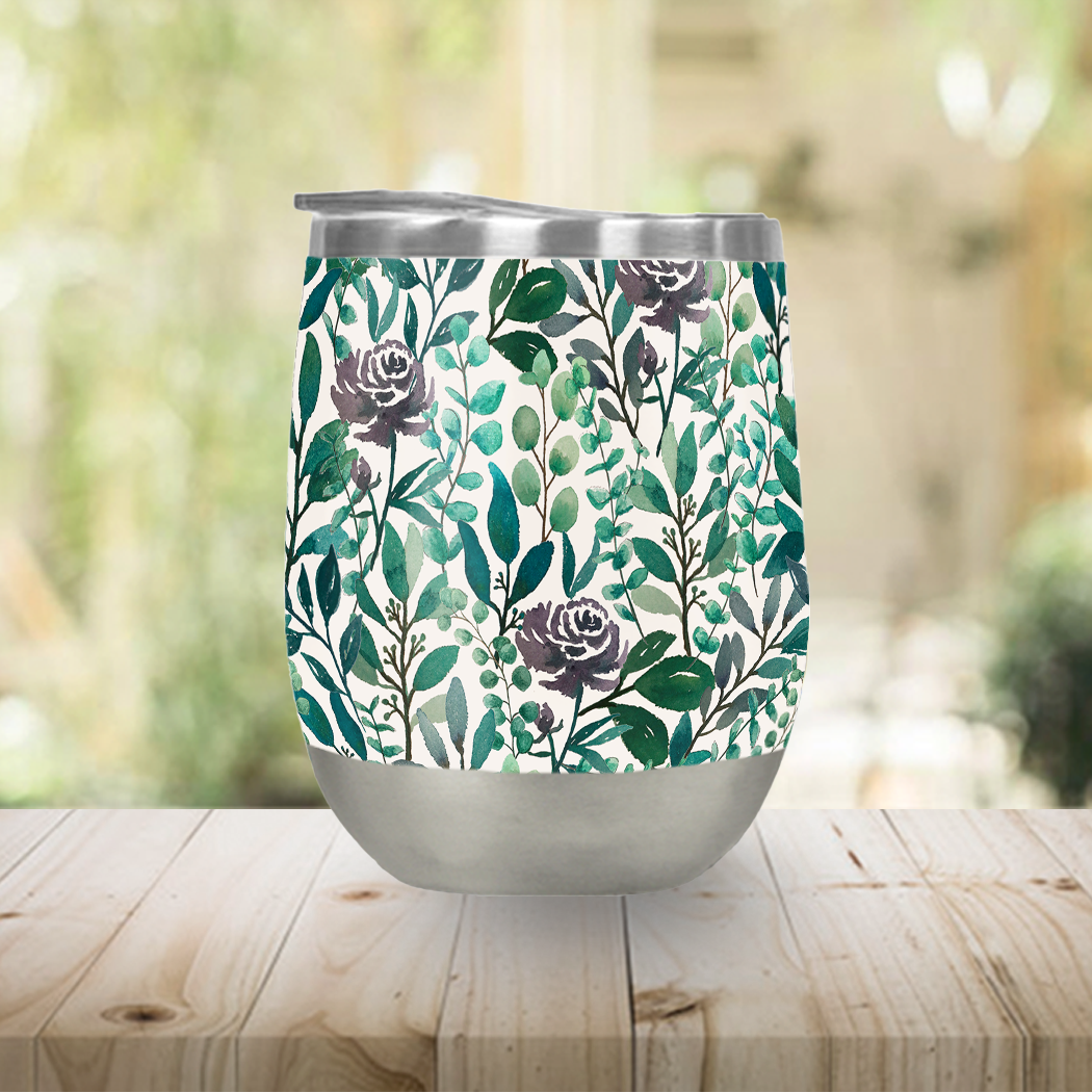 Purple Flowers and Eucalyptus Leaves Stemless Wine Tumbler with double-wall insulation, perfect for outdoor use.