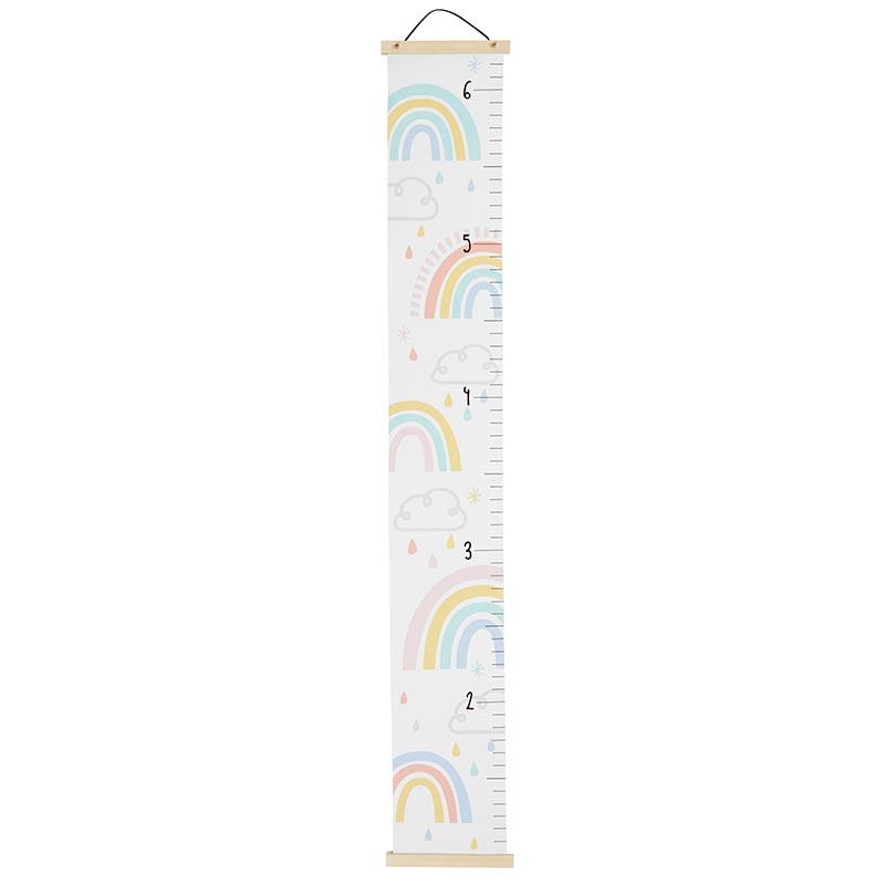 Colorful Rainbow Kids Growth Chart hanging on a wall, measuring 65 inches long with a vibrant design.