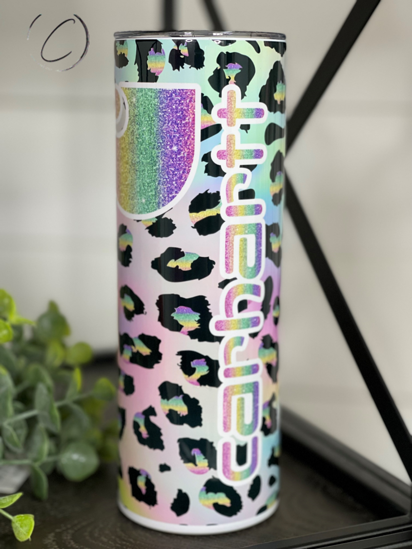 Rainbow Leopard Carhartt 20oz Skinny Tumbler with vibrant design and reusable straw.